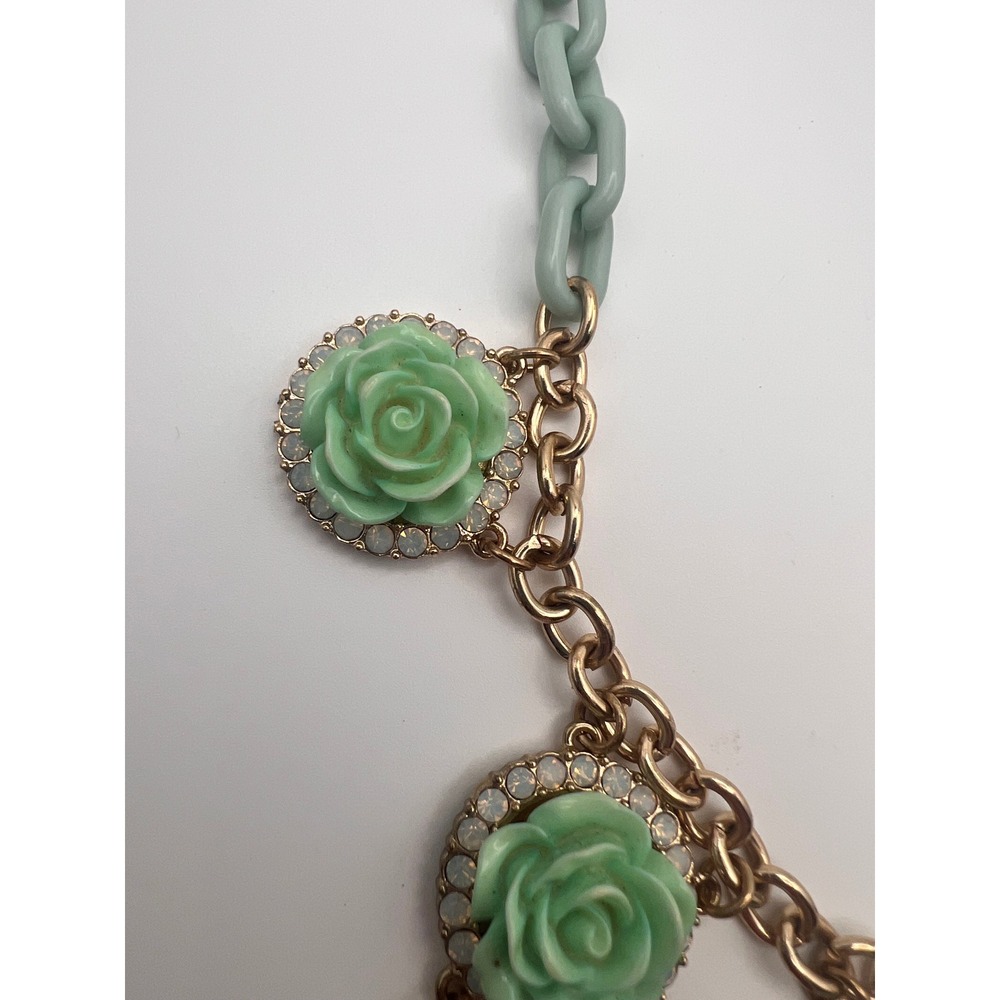 Mint Green Rose Rhinestone Statement Necklace Gold Tone Blue Teardrop Charms - Picture 5 of 9